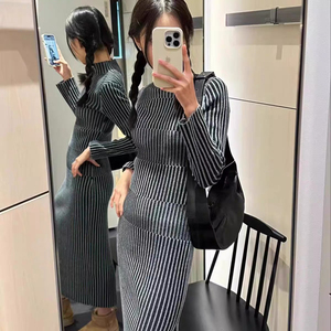 原 CO女S士半高领条纹长袖针织连衣裙秋装新品