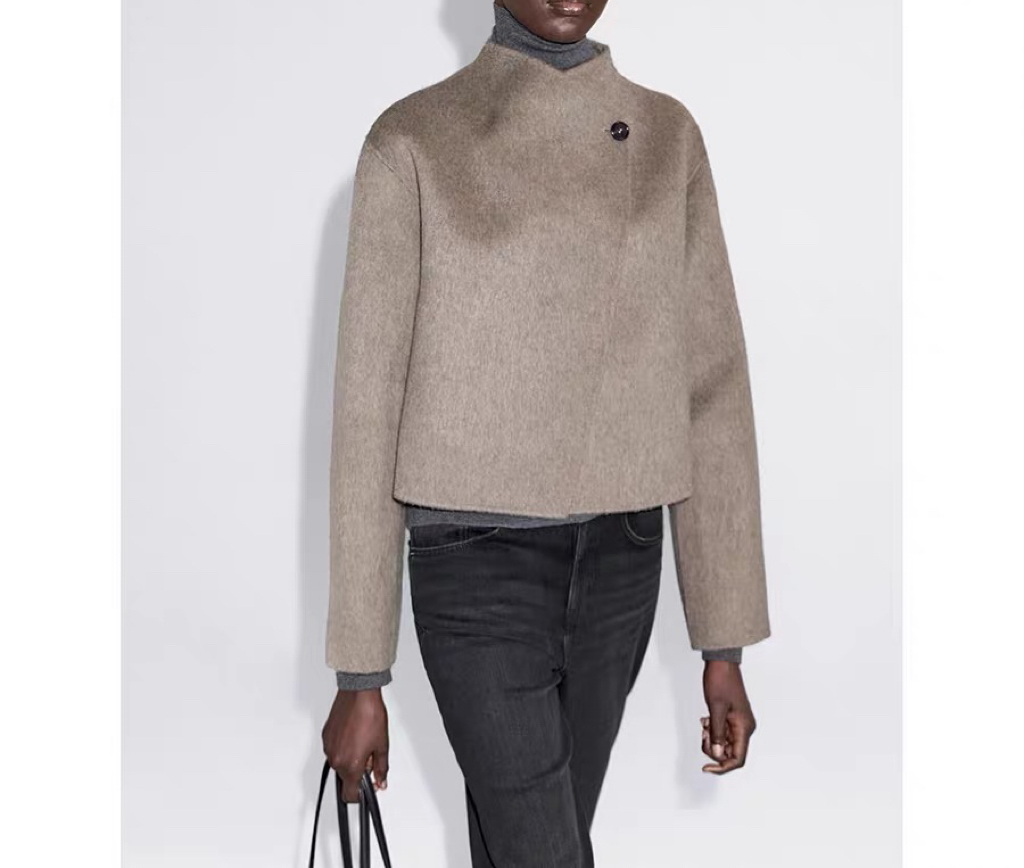 原 大牌女装茶色短款单粒扣立领静奢风短款羊毛呢大衣外套秋冬