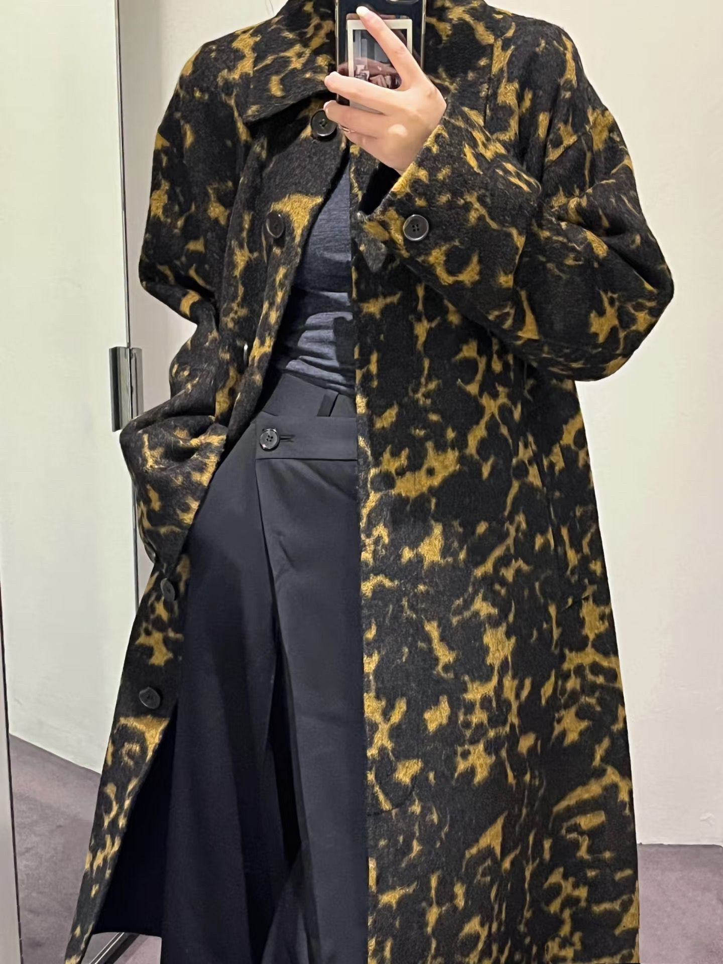 原C&S黑色提花纹理羊毛风衣外套