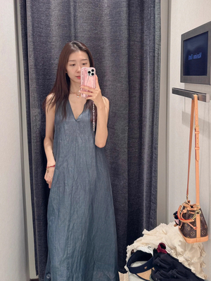 原 MD女装暗绿色v领露背法式优雅无袖亚麻连衣裙夏季新品