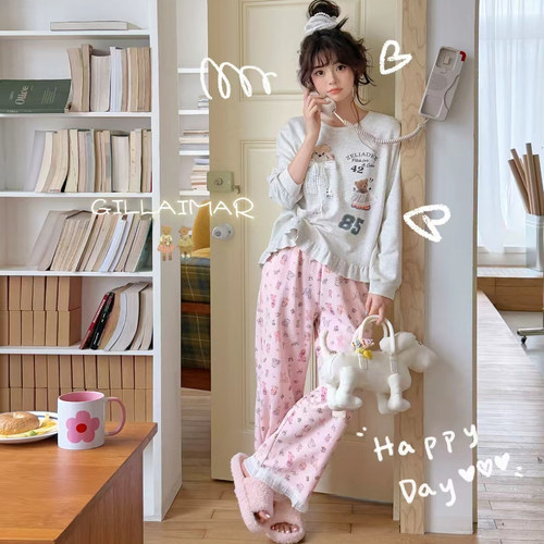 卡通蕾丝可爱少女睡衣花边秋季女