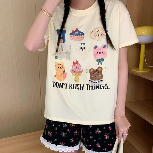 夏季短袖睡衣女士短裤纯棉碎花卡通学生ins日系套装可外穿家居服