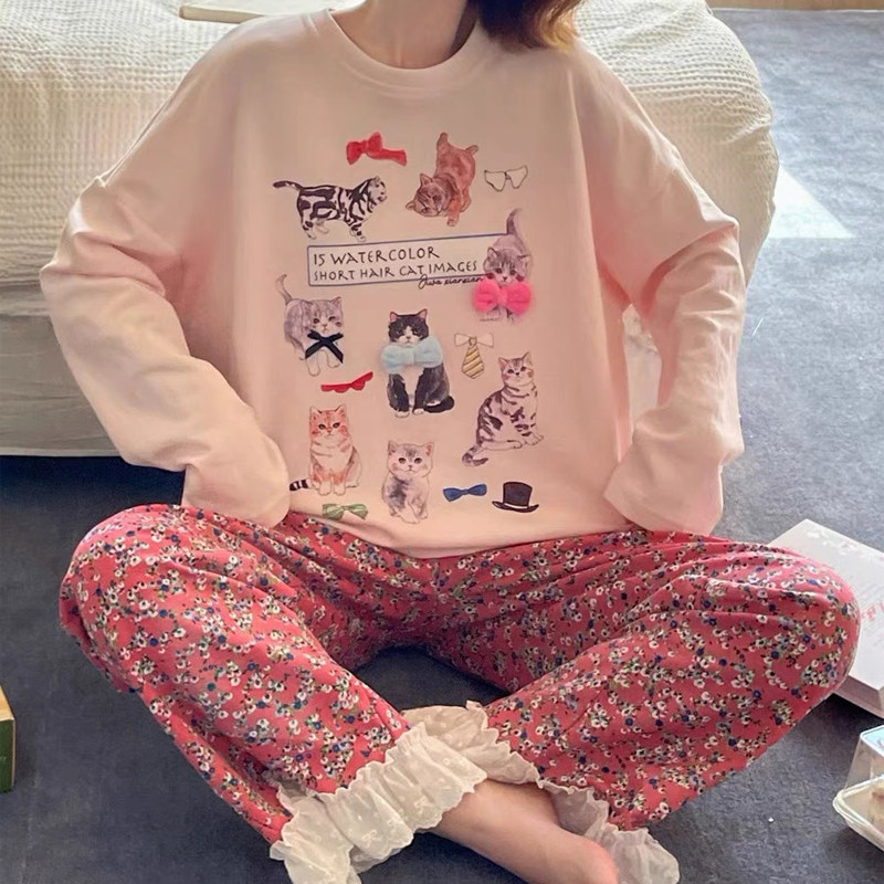 猫咪碎花可爱花边日式少女减龄甜美纯棉秋季睡衣长袖长裤家居服女,女士内衣/男士内衣/家居服,睡衣/家居服套装,淘宝优惠券,粉丝福利购,淘宝优惠卷