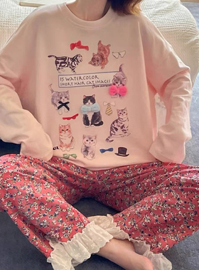 猫咪碎花可爱花边日式少女减龄甜美纯棉秋季睡衣长袖长裤家居服女