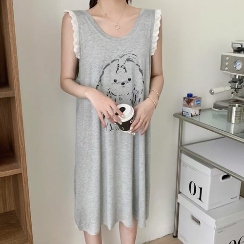 卡通小狗背心无袖睡裙花边莫代尔