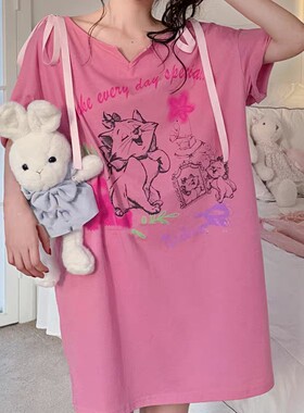 可爱宽松猫咪睡裙短袖玛丽猫韩版纯棉女士睡衣夏季缎带少女家居服