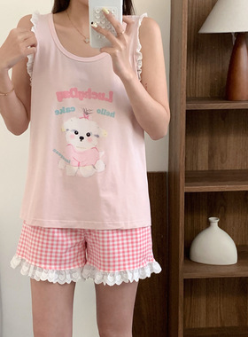 卡通狗狗日系花边无袖背心短裤女套装夏季凉快纯棉薄款睡衣家居服