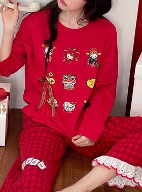 KITTY猫红色新年女本命年睡衣卡通可爱圆领长袖长裤纯棉春季套装