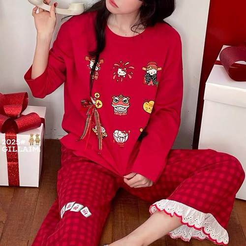 红色KT睡衣女春秋季长袖睡衣