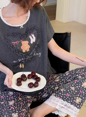 桃心花边春季蕾丝春季纯棉短袖长裤女士睡衣网红套装卡通女家居服