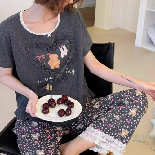 桃心花边春季蕾丝春季纯棉家居服