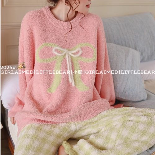 可爱甜美蝴蝶结格子可爱少女睡衣