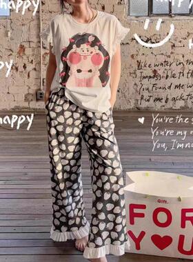 网红卡通女孩草莓蕾丝花边可爱女印花短袖长裤春季新款睡衣家居服