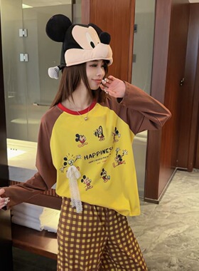 卡通米奇拼色格子女士纯棉春季睡衣长袖长裤ins韩系甜美家居服女