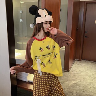 卡通米奇拼色格子女士纯棉春季睡衣长袖长裤ins韩系甜美家居服女