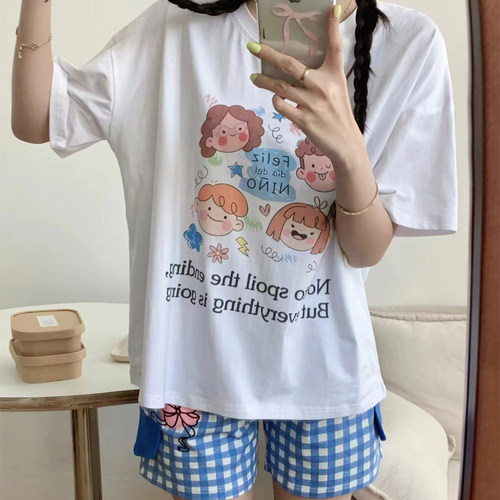 卡通格子短袖短裤可爱