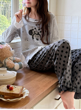 米奇条纹波点卡通甜美女纯棉长裤长袖套装睡衣ins日系花边家居服