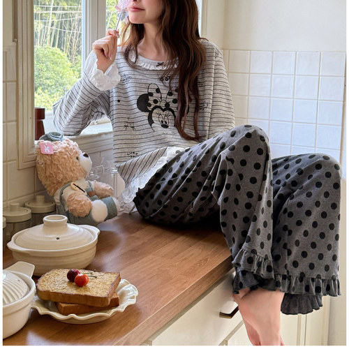 米奇条纹波点卡通甜美女纯棉长裤