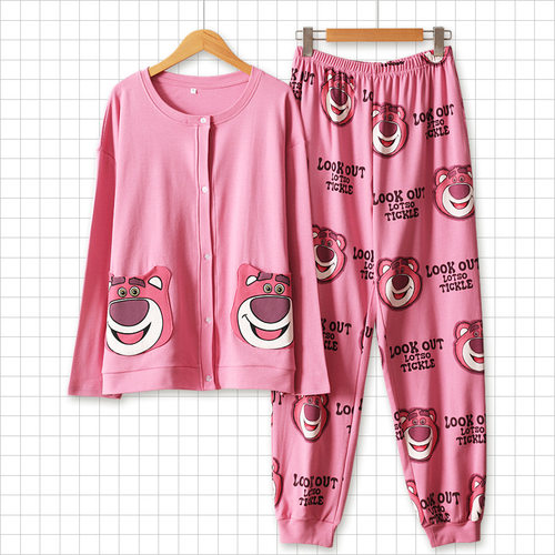 女纯棉开衫草莓熊睡衣长袖