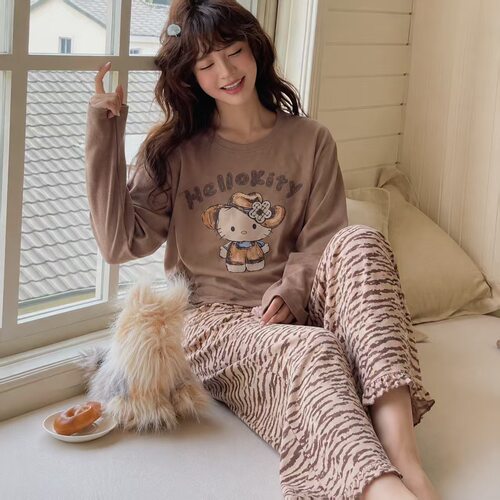Girl Aimed小熊KITTY猫卡通豹纹秋季新款长袖长裤薄款女士棉睡衣