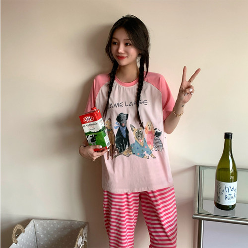 春季短袖长裤条纹狗狗卡通