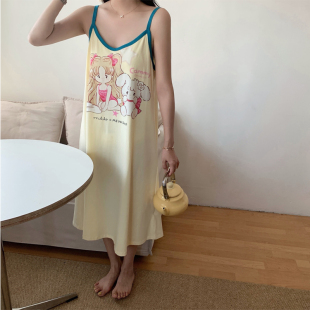 带胸垫吊带女睡裙无袖连衣裙棉薄款夏季凉快睡衣学生卡通家居服