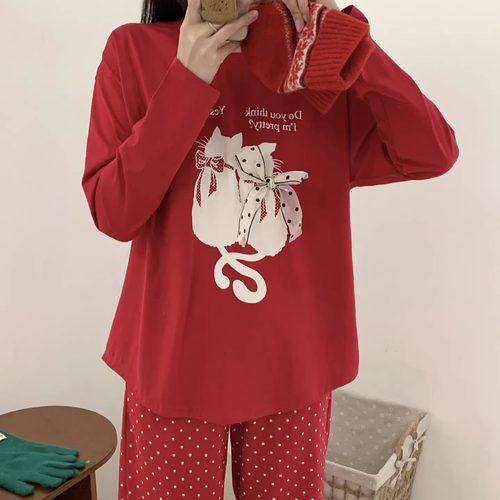 新年圣诞红色睡衣女士卡通长袖
