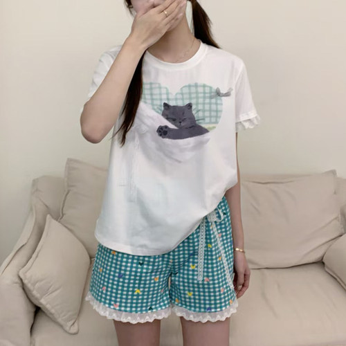 卡通猫咪格子花边少女日系睡衣