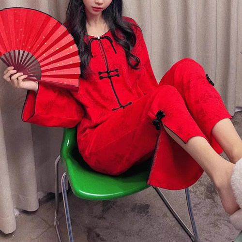 新中式两件套装红色女家居服