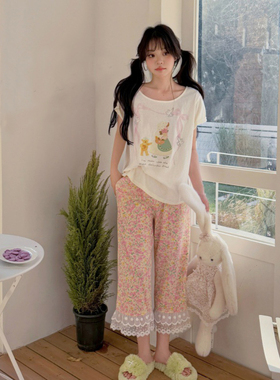 网红卡通可爱日系甜美碎花纯棉女士短袖八分裤中长裤睡衣家居服女