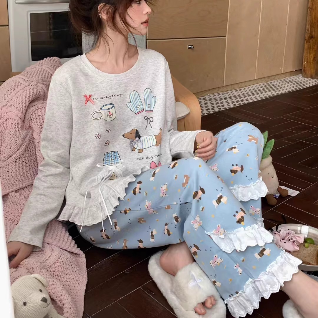 小狗卡通花边甜美少女长袖家居服
