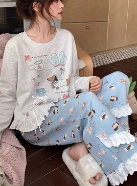 小狗卡通花边甜美少女长袖女纯棉秋季睡衣长裤ins日系套装家居服