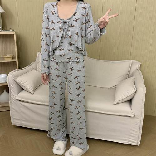 带胸垫三件套女长袖长裤吊带套装