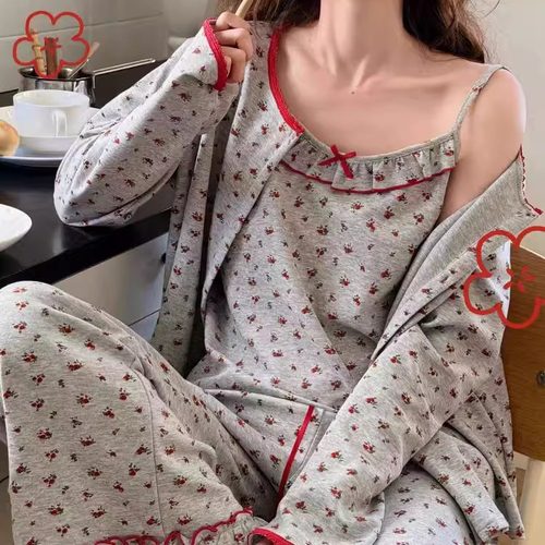 长袖吊带纯棉碎花长裤三件套睡衣