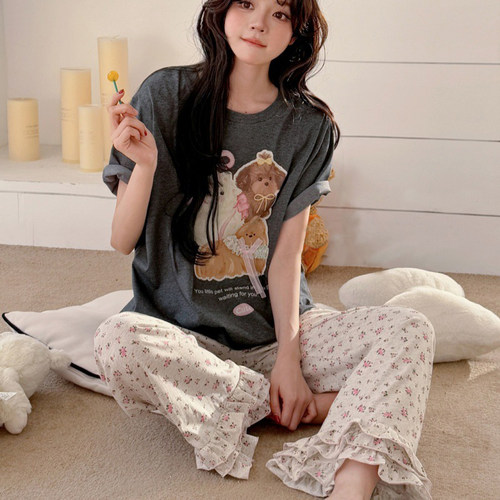 可爱小狗日式可爱少女碎花短袖