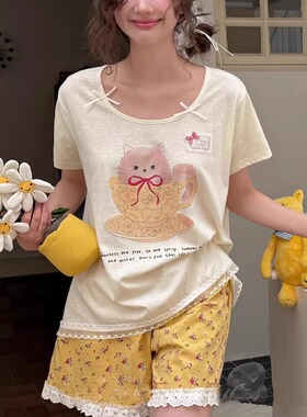 卡通茶杯猫短袖短裤碎花女士夏季套装睡衣纯棉薄款花边日系女宽松