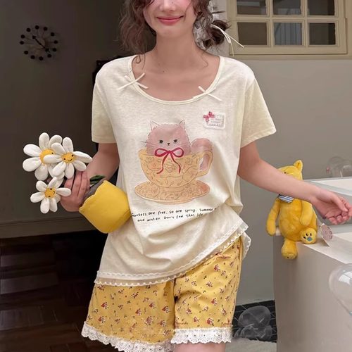 卡通茶杯猫短袖短裤碎花女士套装