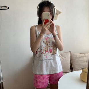吊带少女月桂狗狗卡通甜美无袖短裤纯棉薄款套装睡衣甜美女家居服