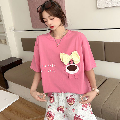 草莓熊卡通短袖短裤女士睡衣甜美日系夏季纯棉薄款ins睡衣家居服