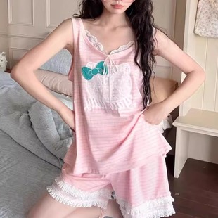 女甜美睡衣家居服 KITTY猫卡通蕾丝花边背心无袖 短裤 纯棉薄款 夏季