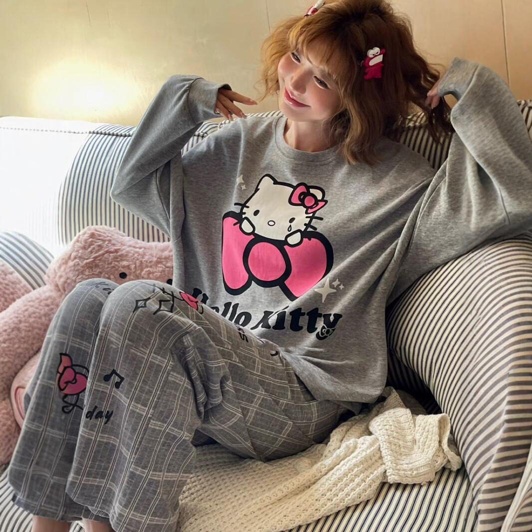 KITTY猫卡通纯棉长袖日式睡衣薄款春秋套头长裤格子甜美家居服女