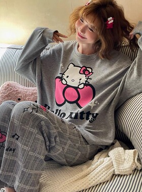 KITTY猫卡通纯棉长袖日式睡衣薄款春秋套头长裤格子甜美家居服女