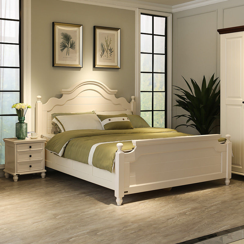 现代美式法式轻奢地中海实木床欧式乡村田园女孩公主白色高箱体床