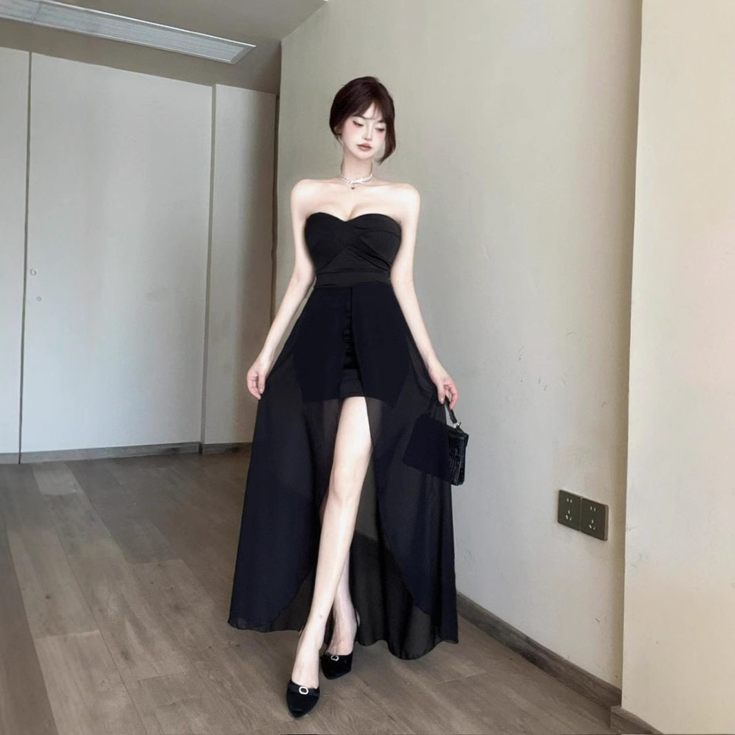 新款时尚现货性感网纱拼接抹胸连衣裙新款开叉露背夜店技师长裙子