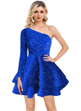 单袖短款舞会礼服分层亮片正式晚会礼服闪亮返校节礼服时尚性感