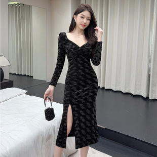 长裙时尚 夜场足浴按摩桑拿技师工作服性感金丝绒连衣裙女宴会礼服