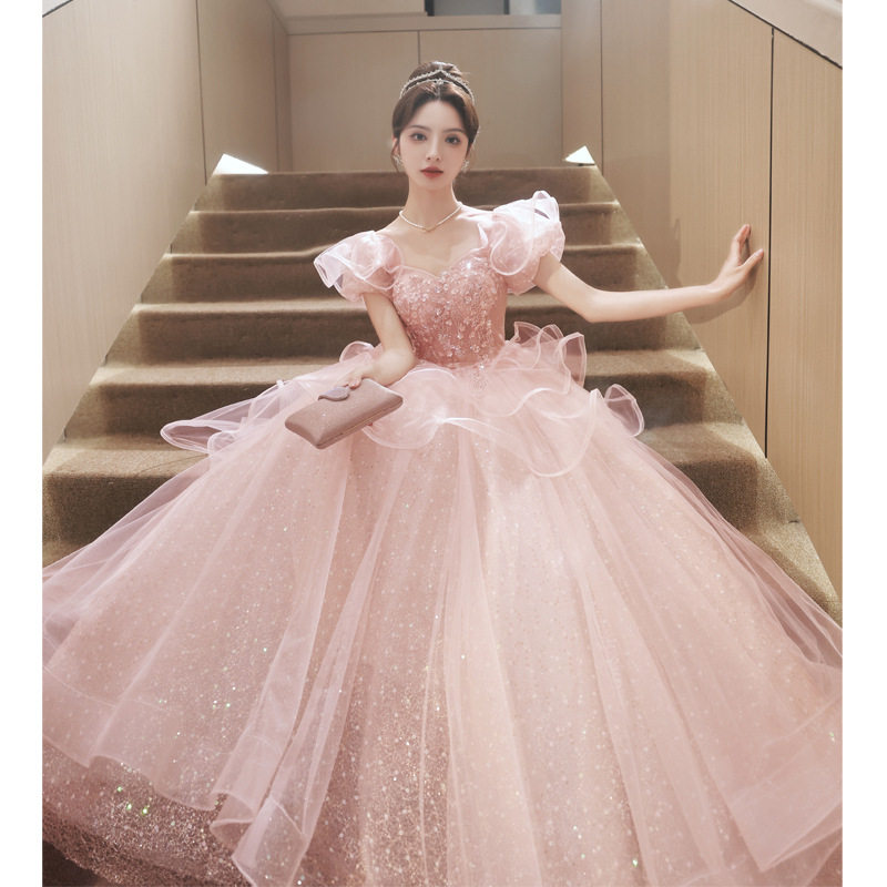 粉色晚礼服艺考高级感在逃公主敬酒服轻奢小众成人礼礼服订婚礼裙