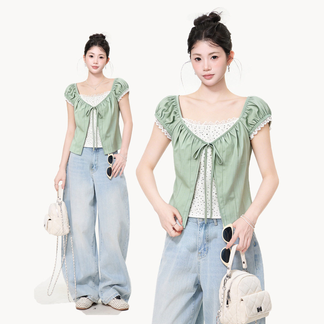 法式绿色假两件蕾丝衬衫U领短袖T恤女2026夏季新款泡泡袖小衫上衣