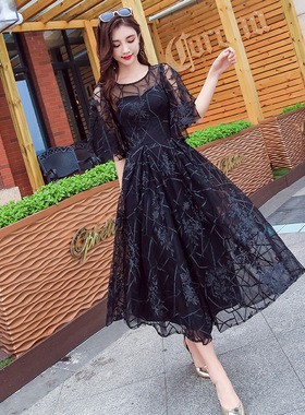 亚马逊晚礼服2026新款宴会蕾丝显瘦公司年会主持成人礼连衣裙黑色