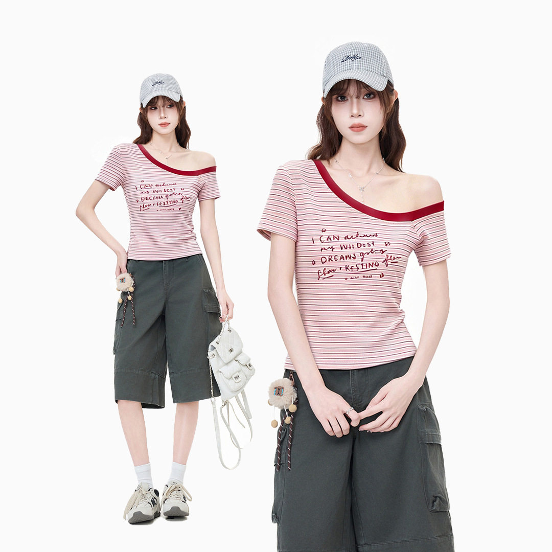 红白条纹斜肩露肩短袖T恤女2026夏季甜辣妹字母印花修身短款上衣